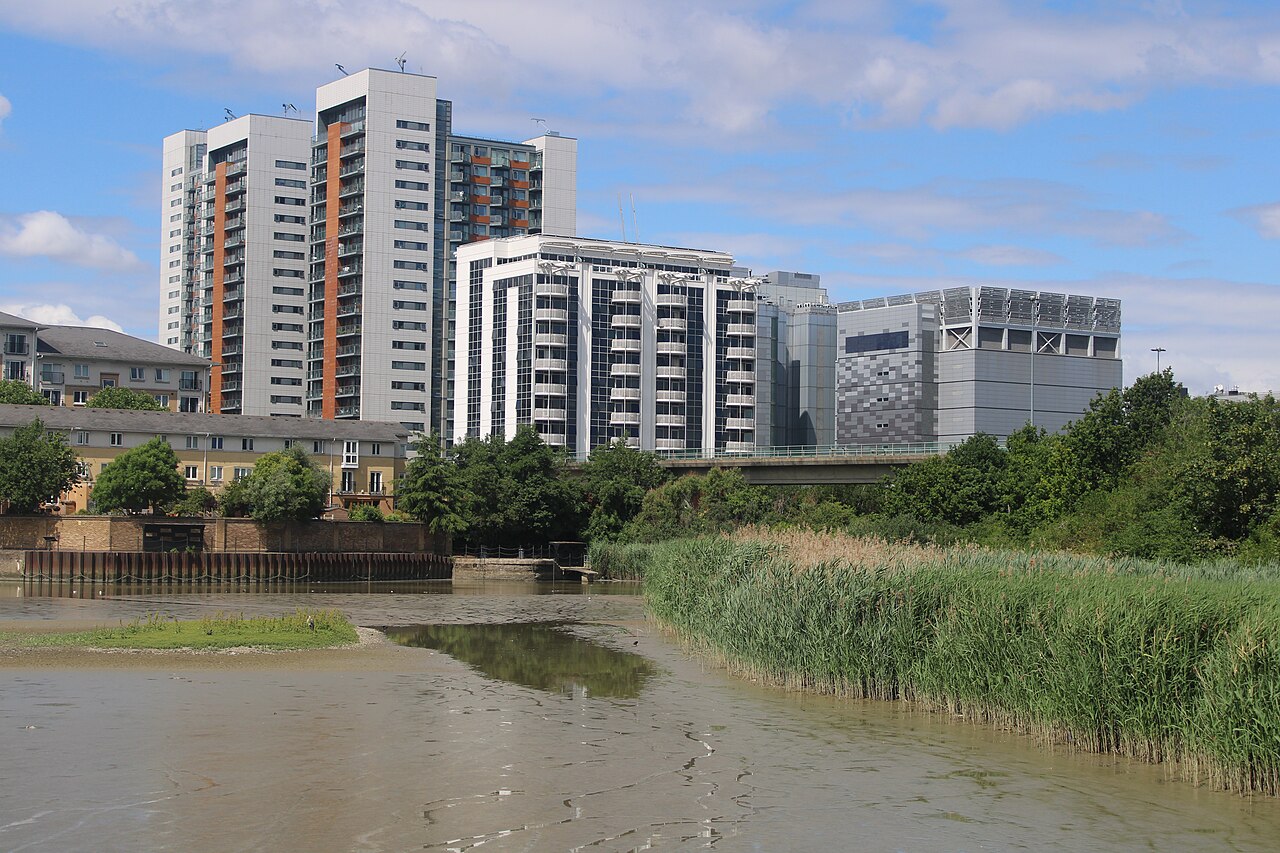Telehouse West, the grey building on the right, seen from East India Dock Basin